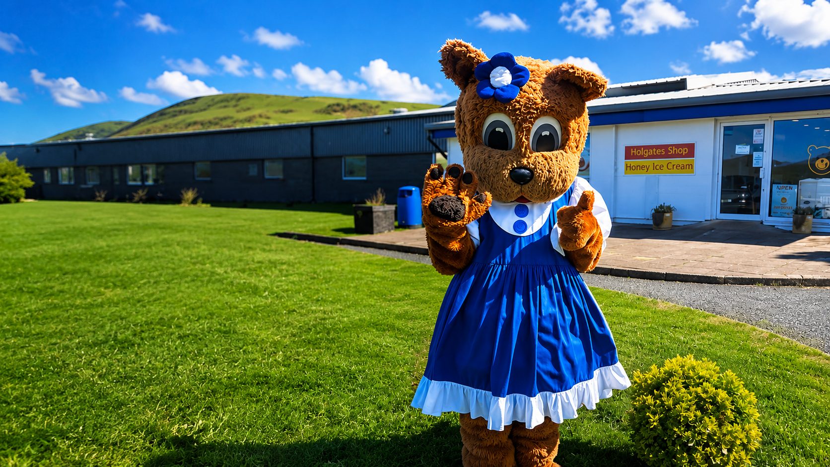 Our shop mascot bear outside the Holgates storefront